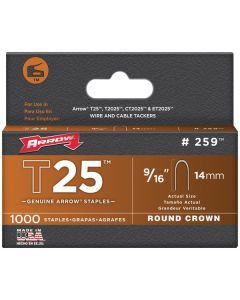 Arrow 259 T25 Round Crown Staples, 9/16"; 1,000 pk